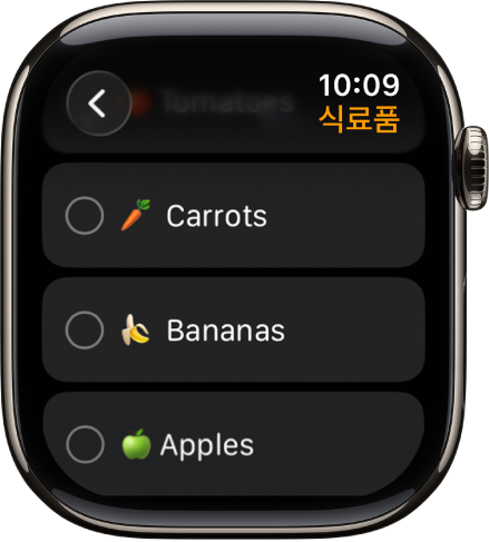 미리 알림 앱에 두 개의 미리 알림이 표시됨. 화면 상단 근처에 미리 알림이 있고 아래에 미리 알림 추가 버튼이 있음.