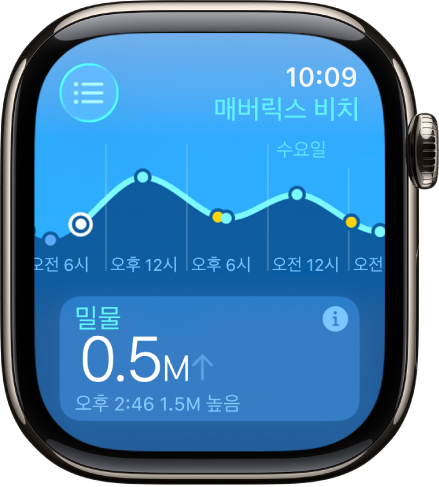 위치에 대한 조수 정보가 표시된 조수 앱의 화면.