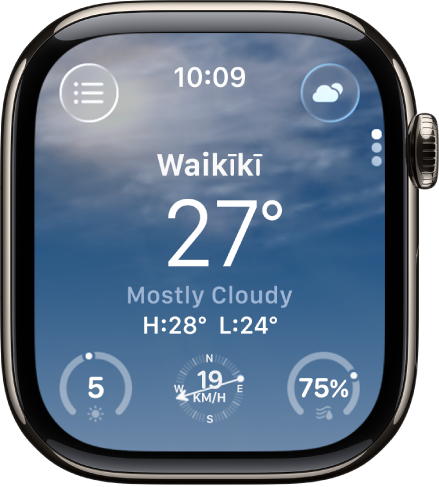 Programoje „Weather“ rodoma dienos orų apžvalga. Rodomas vietos pavadinimas, o aukščiau – dabartinė temperatūra. Trys mygtukai apačioje – „UV Index“, „Wind Speed“ ir „Precipitation“. Mygtukas „Location List“ pateikiamas viršuje kairėje o mygtukas „Conditions“ – viršuje dešinėje.