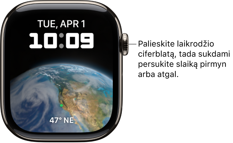 Laikrodžio ciferblatas „Astronomy“, kuriame rodomi diena, data ir esamas laikas. Laikmačio valdiklis pateiktas apačioje. Bakstelėkite laikrodžio ciferblatą, tada pasukite „Digital Crown“, kad persuktumėte laiką pirmyn arba atgal.