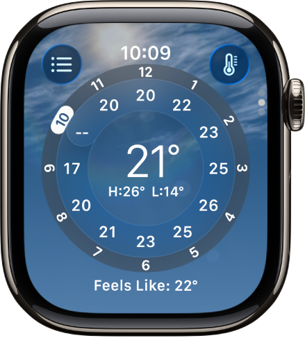 Lietotnē Weather redzama temperatūras prognoze pa stundām.