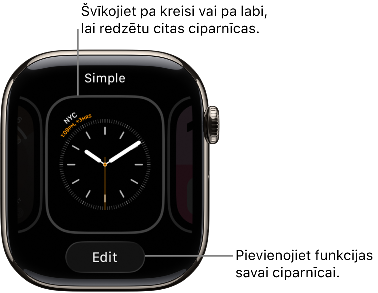 Ciparnīcā redzama poga Edit, kas tiek parādīta, ja pieskaraties ciparnīcai un turat. Ciparnīcas nosaukums ir ekrāna augšā. Švīkojiet pa kreisi vai pa labi, lai skatītu citas ciparnīcu opcijas.