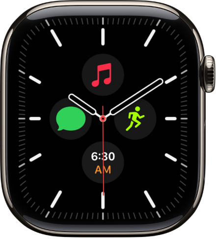 Muka Meridian yang anda boleh laraskan warna muka dan butiran pendail. Ia menunjukkan empat komplikasi di dalam muka jam analog: Tarikh di bahagian atas, Terjemah di bahagian kanan, Mesej di bahagian bawah dan Latihan di bahagian kiri.