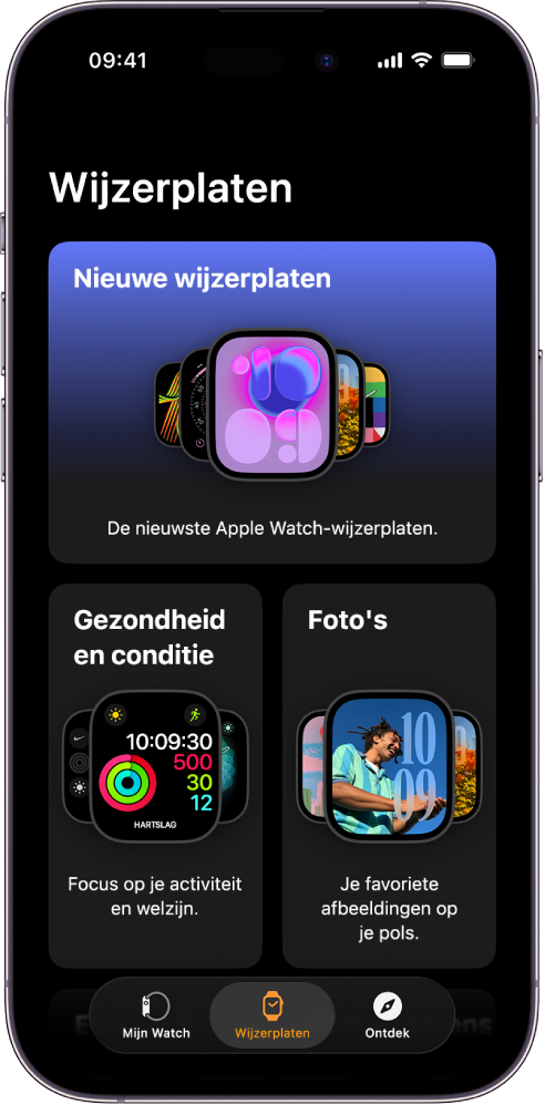 Apple Watch-app met geopende wijzerplaatgalerie. In de bovenste rij staan nieuwe wijzerplaten en in de rijen daaronder staan wijzerplaten gegroepeerd op type: 'Gezondheid en conditie' en 'Foto's'. Je kunt scrollen om meer wijzerplaten op type te bekijken.