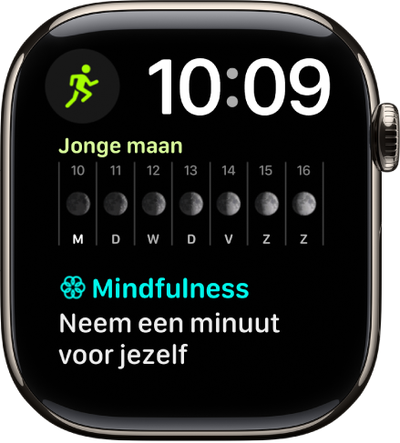 De wijzerplaat Modulair Duo, met rechtsbovenin een digitale klok en drie complicaties: linksboven Work-out, in het midden Maanstand en onderin Mindfulness.