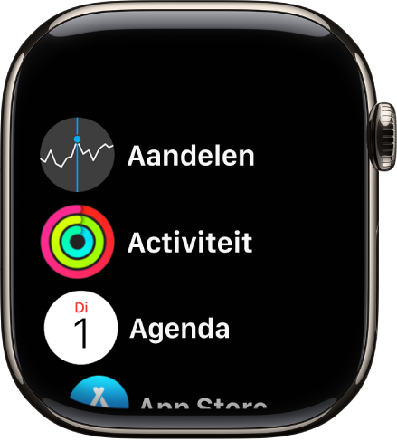 Het beginscherm in de lijstweergave, met apps in alfabetische volgorde.