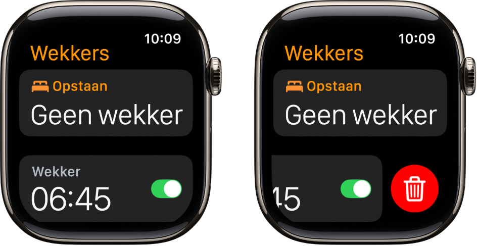 Twee Apple Watch-schermen waarin te zien is hoe je een wekker verwijdert.