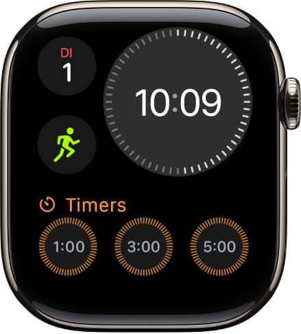 De wijzerplaat Modulair compact, met rechtsboven een digitale klok, linksboven de dag en datum en twee complicaties: links in het midden Work-out en onderin Gemoedstoestand.