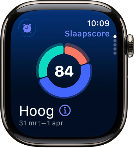 Het slaapscorescherm met in het midden een score. Linksonder staat een beoordeling, met daaronder de periode dat je in slaap was.
