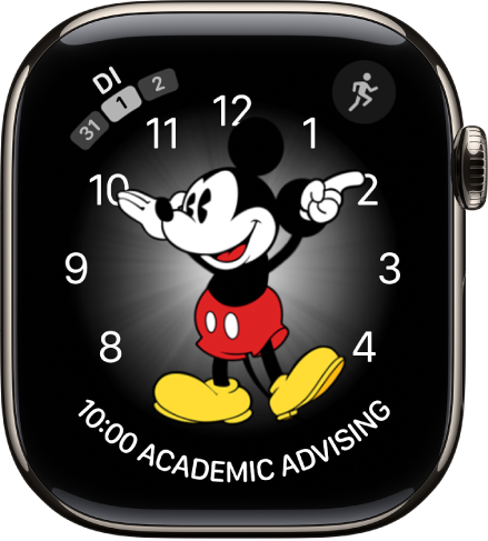 De wijzerplaat Mickey Mouse, waaraan je een groot aantal complicaties kunt toevoegen. Er worden drie complicaties weergegeven: linksboven Berichten, rechtsboven Work-out en onderin de datum.