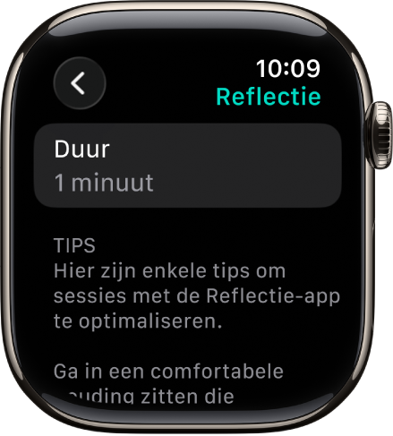 Het scherm van de Mindfulness-app met bovenaan een duur van één minuut. Daaronder staan tips om je sessie met de Reflectie-app te optimaliseren.