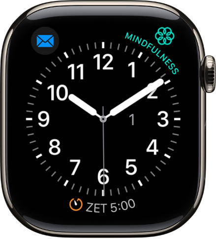 De wijzerplaat Handig, waarvan je de kleur van de secondewijzer en de cijfers en het detailniveau van de klok kunt aanpassen. Er worden drie complicaties weergegeven: linksboven Muziek, rechtsboven Mindfulness en onderin Work-out.