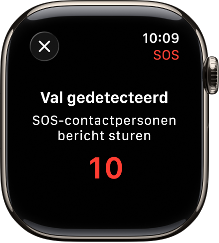 Een scherm met de tekst "Val gedetecteerd" en het aantal seconden totdat er een bericht aan SOS-contactpersonen wordt gestuurd.