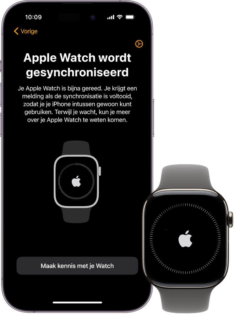 Een iPhone en een Apple Watch met synchronisatieschermen.