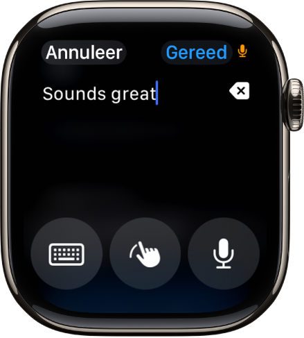 Het tekstveldscherm met bovenin een bericht. Onderaan staan de knoppen voor het schermtoetsenbord, Schrijven en de dicteerfunctie.