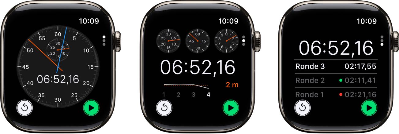 Drie soorten stopwatches in de Stopwatch-app: Een analoge stopwatch, een hybride stopwatch waarop de tijd zowel analoog als digitaal wordt weergegeven en een digitale stopwatch met een rondeteller. Elke stopwatch heeft een knop om te starten en opnieuw te beginnen.