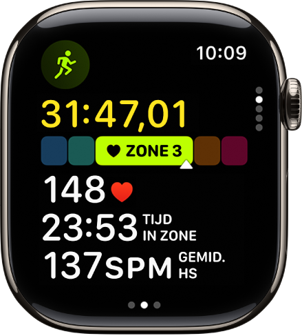 Een hardloopwork‑out, met de verstreken tijd, je huidige zone, de hartslag, de tijd in de zone en de gemiddelde hartslag.