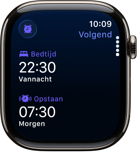 De Slaap-app op de Apple Watch met het slaapschema van deze avond. Bovenaan staat de bedtijd en daaronder de tijd voor het opstaan.