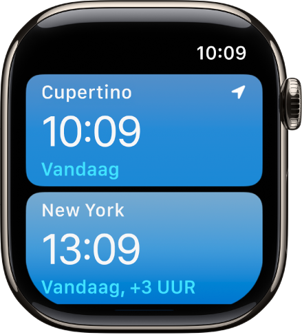 De Wereldklok-app, met een lijst met plaatsen.