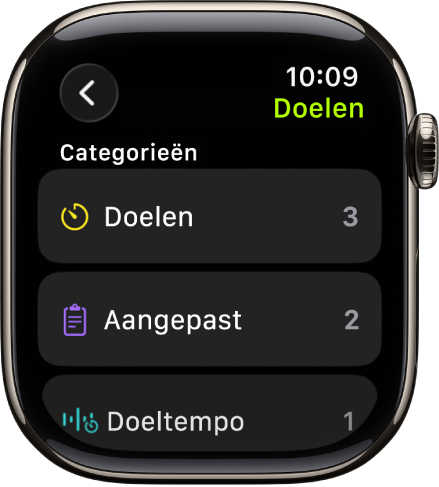 De Work-out-app, met aangemaakte doelen, aangepaste work‑outs en een work-out met een doeltempo.