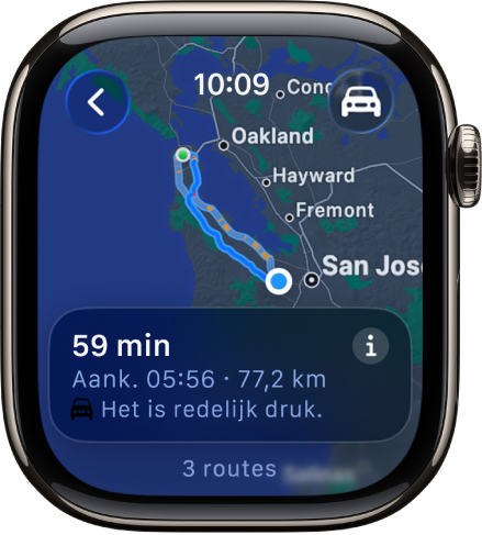 De Kaarten-app met een overzicht van een autoroute. Onderin is de eerste etappe van de route te zien.