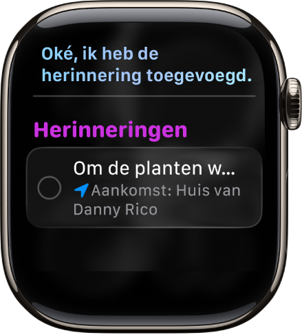 Het Siri-scherm met een herinnering die is toegevoegd aan een takenlijst.