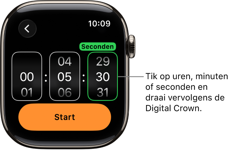 Instellingen voor een aangepaste timer, met links de uren, in het midden de minuten en rechts de seconden. Daaronder staat de startknop.
