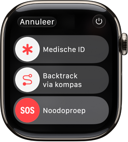 Het Apple Watch-scherm met de schuifknoppen 'Medische ID', 'Backtrack via kompas' en 'Noodoproep'. Rechtsbovenin bevindt zich de aan/uit-knop.