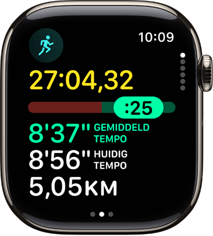 De Work-out-app op de Apple Watch, met de weergave Doeltempo voor een work-out 'Buiten hardlopen'. Bovenin staat de duur van de work-out. Daaronder bevindt zich een schuifknop die aangeeft hoeveel je voorloopt of achterloopt op je doeltempo. Weer daaronder staan het gemiddelde tempo, het huidige tempo en de afstand.