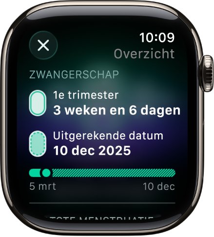 Een scherm in de app Cyclus bijhouden met een zwangerschapsoverzicht. In het midden staan de zwangerschapsduur en de uitgerekende datum.