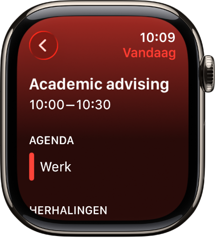 Een Agenda-scherm waarin een nieuwe activiteit wordt weergegeven. De naam van de activiteit wordt bovenin weergegeven, met daaronder de tijd van de activiteit. Onder 'Agenda' staan de datum van de activiteit en de naam van de agenda waaronder de activiteit valt.