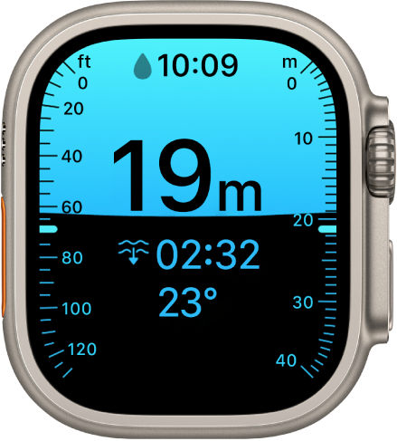 Een Diepte-scherm op de Apple Watch Ultra met de huidige diepte, de verstreken tijd en de watertemperatuur.