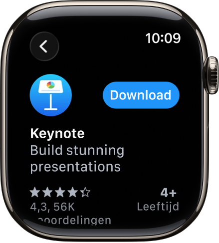 Een scherm van de App Store waarop de productpagina van een app wordt weergegeven, met een korte beschrijving van de app en rechts de knop 'Download'.