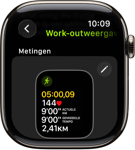 Het scherm 'Work‑outweergaven', met de work-outweergave 'Metingen' voor een wandeltochtwork‑out.