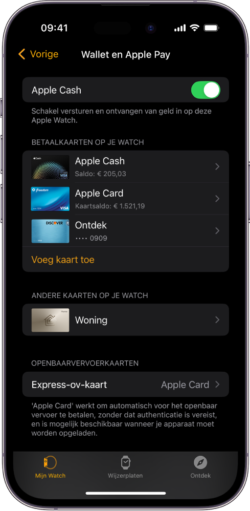 Een iPhone-scherm met instellingen voor Wallet en Apple Pay in de Apple Watch-app.