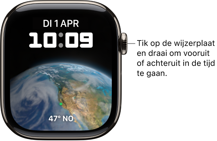 De wijzerplaat Astronomie toont de dag, de datum en de actuele tijd. Onderin bevindt zich een complicatie Timer. Tik op de wijzerplaat en draai de Digital Crown om vooruit of achteruit in de tijd te gaan.