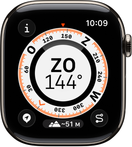 De Kompas-app met een wijzerplaat, met in het midden de kompasrichting, in de binnenste ring een stip die een routepunt aangeeft en op de buitenste ring kompaspunten. Linksbovenin staat de infoknop, linksonderin de routepuntenknop, in het midden onderin de knop 'Hoogte' en rechtsonderin de Backtrack-knop.