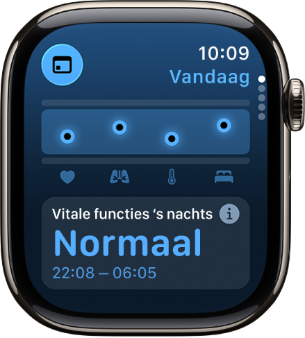 Een scherm met nachtmetingen in de app Vitale functies.