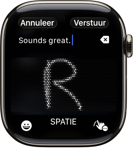 Het tekstveldscherm met een brief die wordt geschreven. Onderaan staan de knoppen voor emoji's en Schrijven.