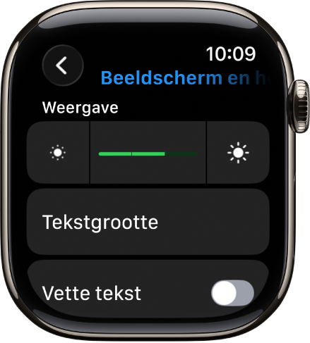 Het instellingenscherm 'Scherm en helderheid' op de Apple Watch, met bovenin de schuifknop 'Helderheid' en daaronder de knop 'Tekstgrootte'.