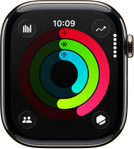 Het Activiteit-scherm met de drie ringen: bewegen, trainen en staan.