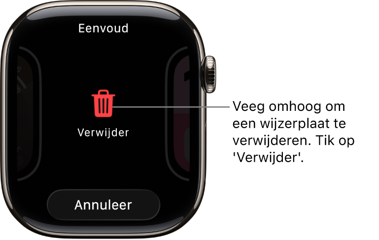 Het Apple Watch-scherm met de knoppen 'Verwijder' en 'Annuleer', die verschijnen nadat je naar een wijzerplaat hebt geveegd en de wijzerplaat omhoog hebt geveegd om de wijzerplaat te verwijderen.