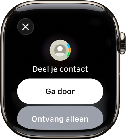 Het NameDrop-scherm met twee knoppen: 'Ga door' om contactgegevens te ontvangen en die van jezelf te delen, en 'Ontvang alleen' om alleen de contactgegevens van de andere persoon te ontvangen.
