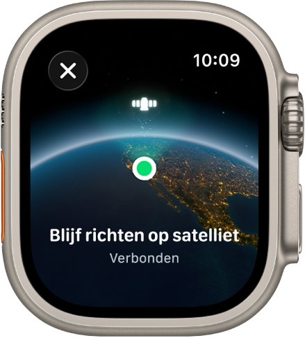 Een scherm met een satellietsymbool boven een gebogen weergave van de aarde, een groene verbindingsindicator en de tekst "Blijf richten op satelliet".