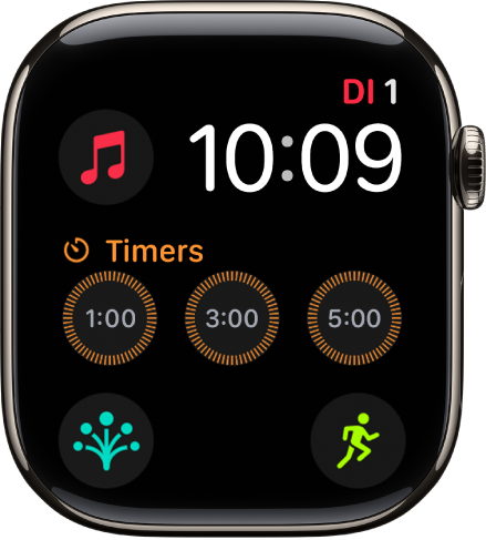 De wijzerplaat Modulair, met rechtsbovenin de datum en tijd en zes complicaties: linksboven Aarde, in het midden Timers en onderin Work-out, Kompas en Gemoedstoestand.