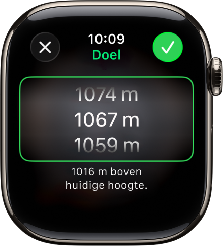 De Kompas-app met het scherm 'Doelhoogte'. In het midden van het scherm wordt een lijst met hoogten weergegeven waar je doorheen kunt scrollen. Onder de lijst staat hoe ver de geselecteerde hoogte boven of onder je huidige hoogte ligt. Bovenaan staan de sluitknop en de knop met het vinkje.