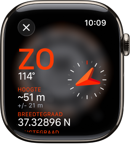 De Kompas-app met het infoscherm. De richting wordt links in het midden weergegeven met de kompasrichting (zuidoosten) en de graden (114 graden). Daaronder bevinden zich de huidige hellingshoek en hoogte. Aan de rechterkant zie je een kompasaanduiding. Linksbovenin staat de sluitknop.
