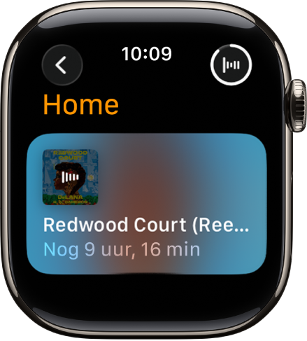 Een Audioboeken-scherm met het boek dat momenteel wordt afgespeeld, de titel van het boek en de resterende tijd. Rechtsbovenin bevindt zich de knop 'Huidige'.