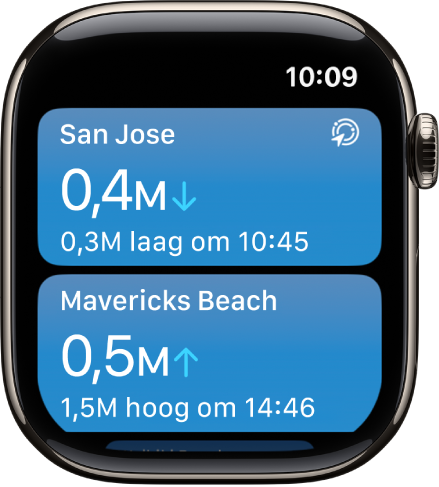 Een scherm in de Getijden-app met locaties en getijdeninformatie.