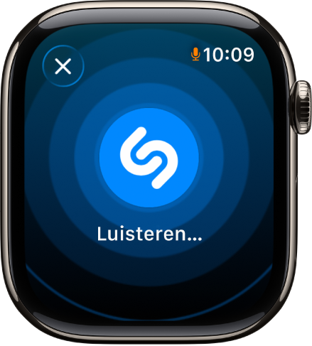 Een scherm met de titel en de artiest van een nummer dat door Muziekherkenning is herkend. Rechtsonderin staat de afspeelknop.